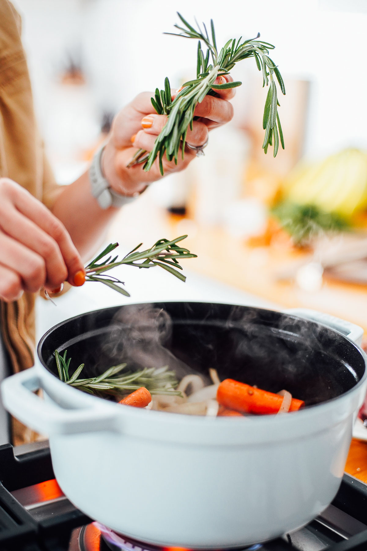 Adding rosemary to a Dutch oven with carrots and short ribs inside.