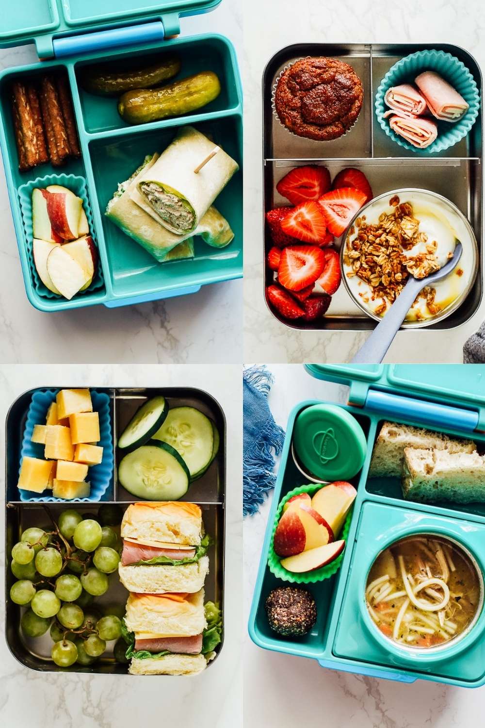 4 school lunch ideas: wrap, yogurt parfait, sandwich, and chicken noodle soup.