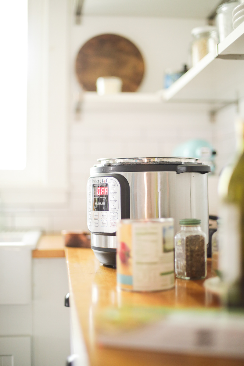 An Instant Pot sitting on a kitchen counter.