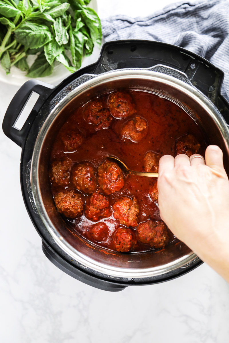Cooked meatballs in spaghetti sauce in the Instant Pot