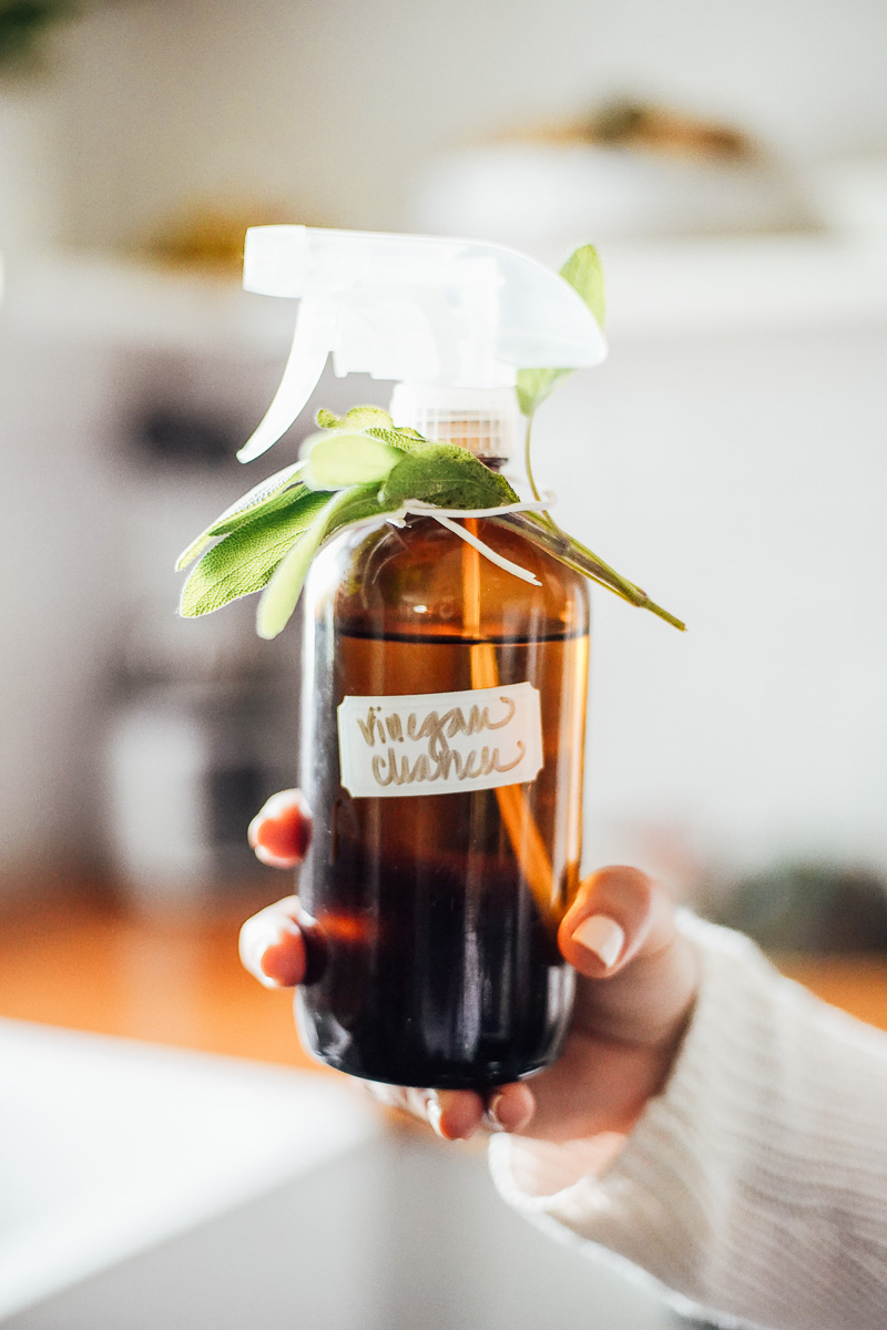 All purpose cleaner made with the orange peel vinegar concentrate in an amber bottle with a spray top.