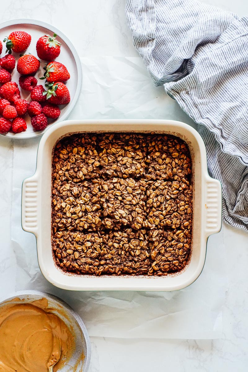 Baked oatmeal in a pan.