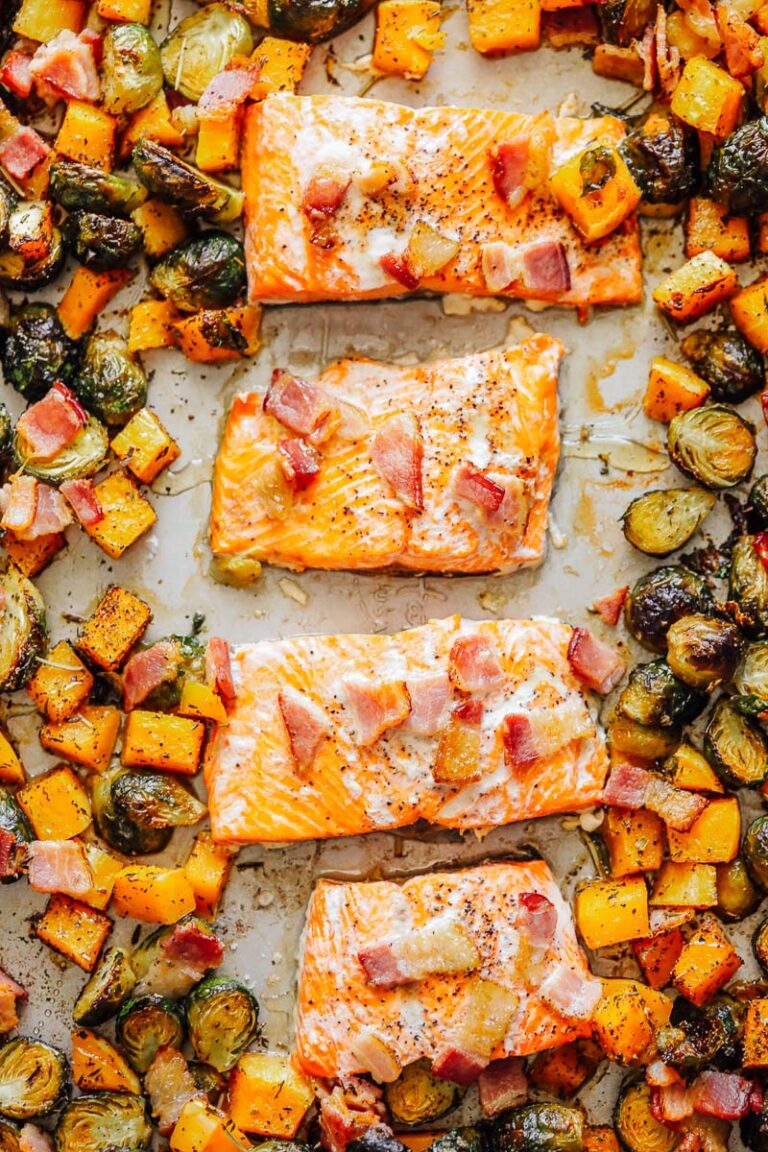Baked salmon on a sheet pan with butternut squash and brussels sprouts