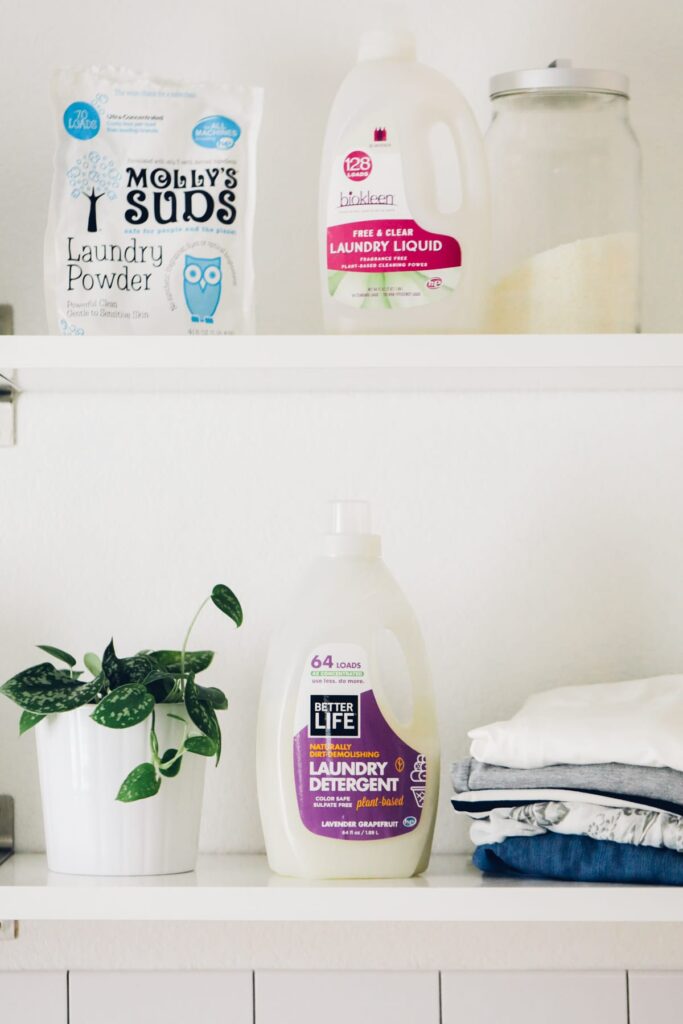 Laundry soap brands on display in the laundry room.