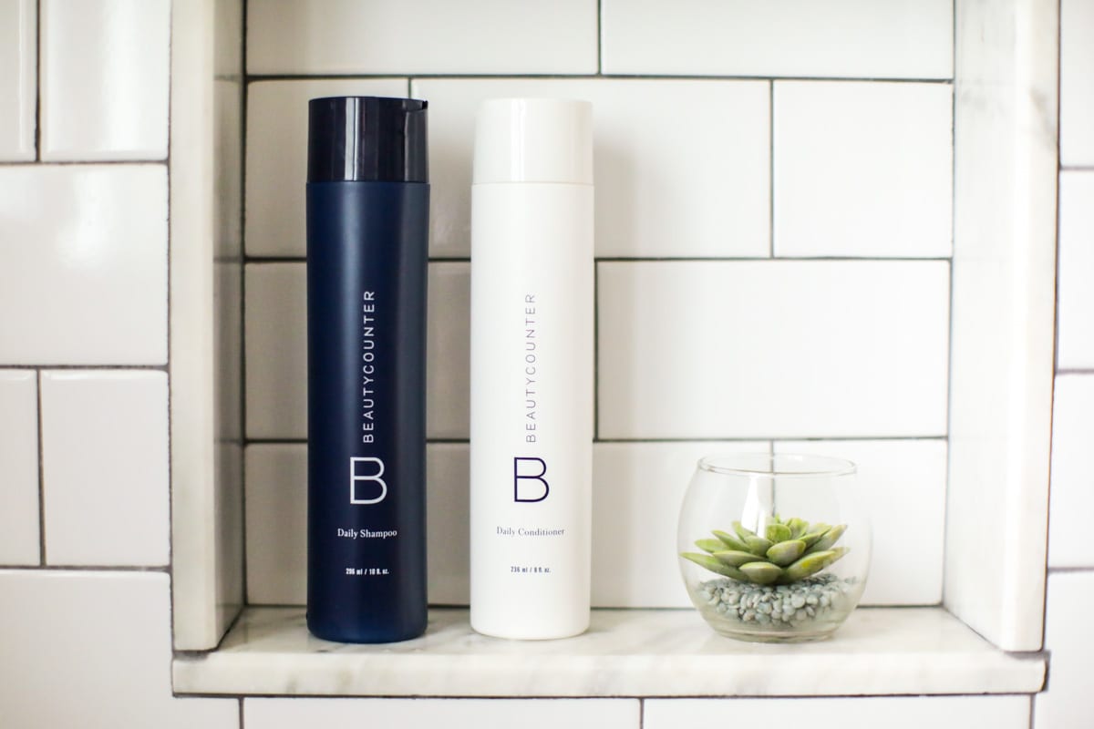 BeautyCounter shampoo and conditioner in the bathroom.