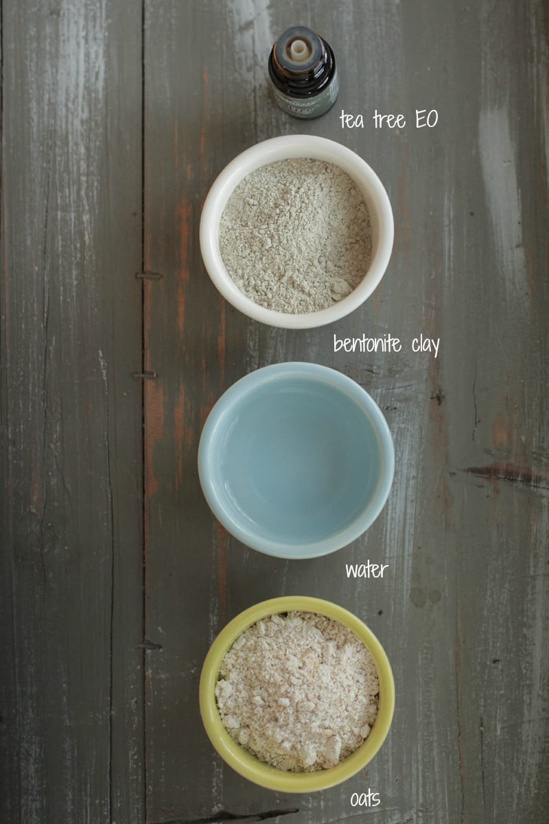 Clay, oatmeal, water, and tea tree essential oil in bowls ready to make a clay mask. 
