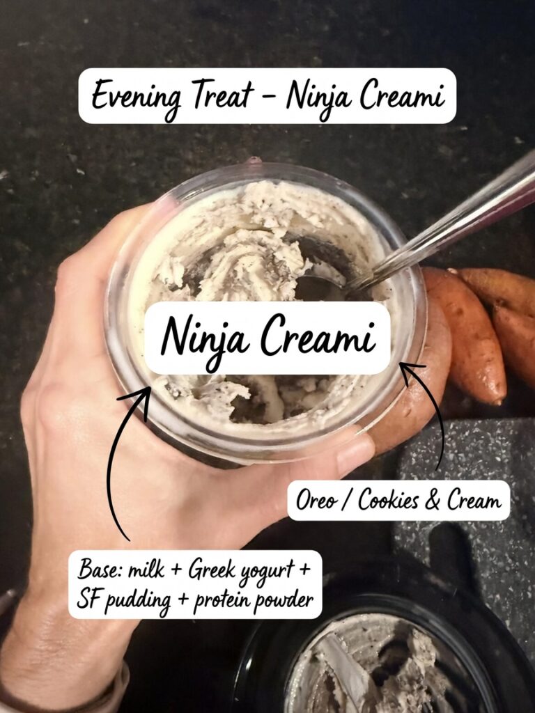 FASTer Way meal ideas - evening treat Greek yogurt bowl or Ninja Creami with chocolate chips and fruit