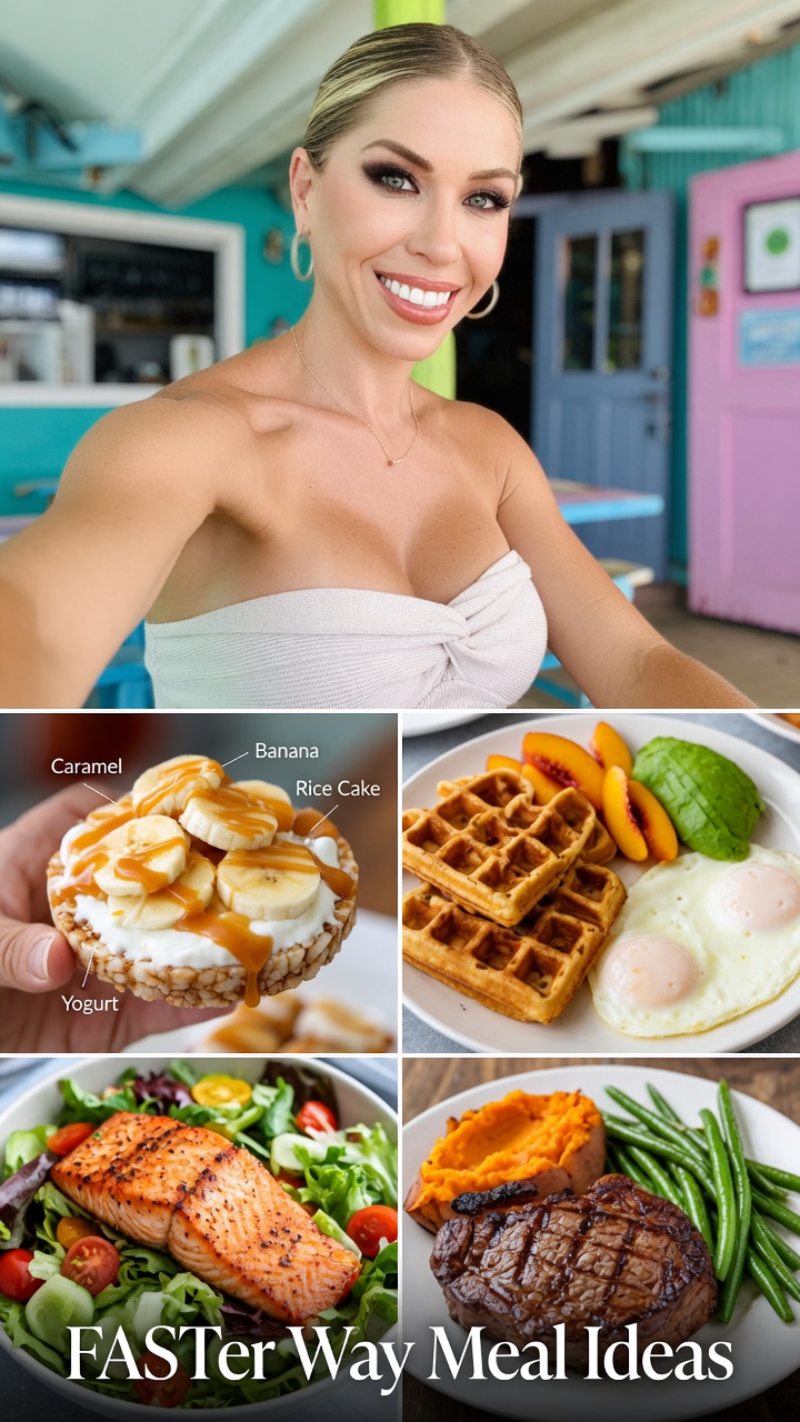 FASTer Way meal ideas collage with Kristin showing pre-training rice cake, protein waffles breakfast, volume salad, and steak dinner