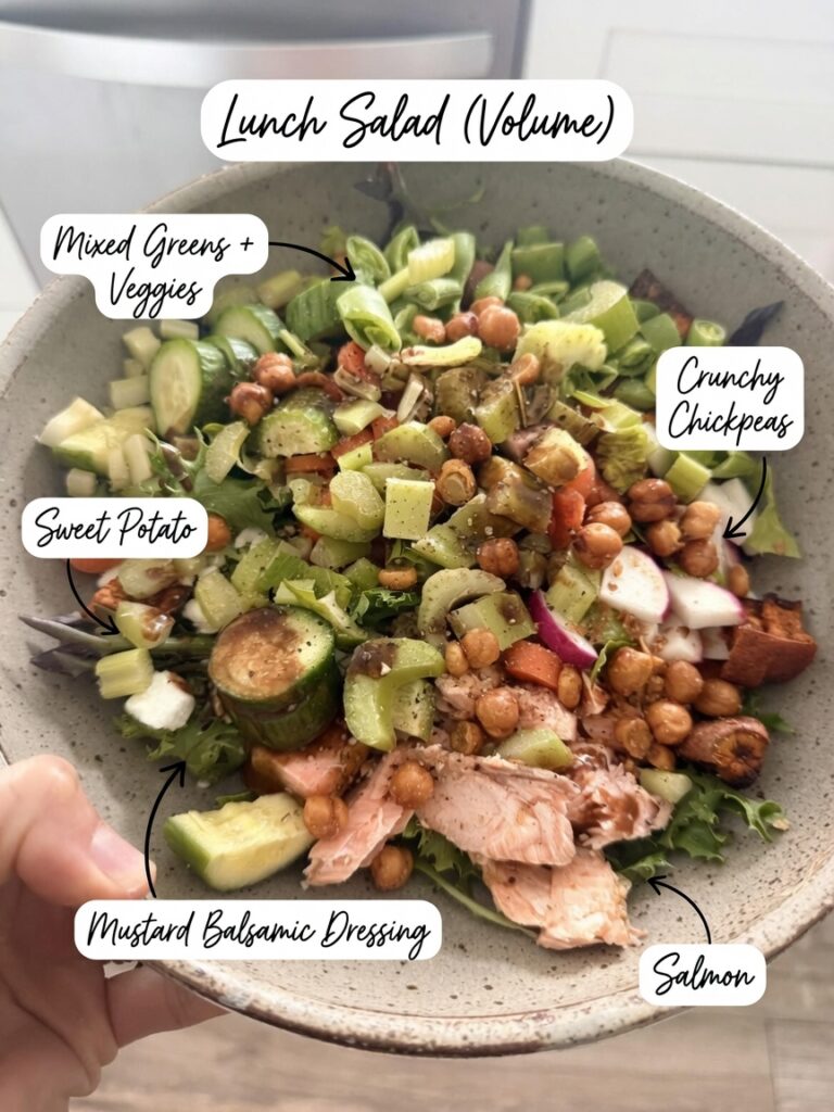 FASTer Way meal ideas - high volume lunch bowl with lean ground beef, rice, salad and fruit