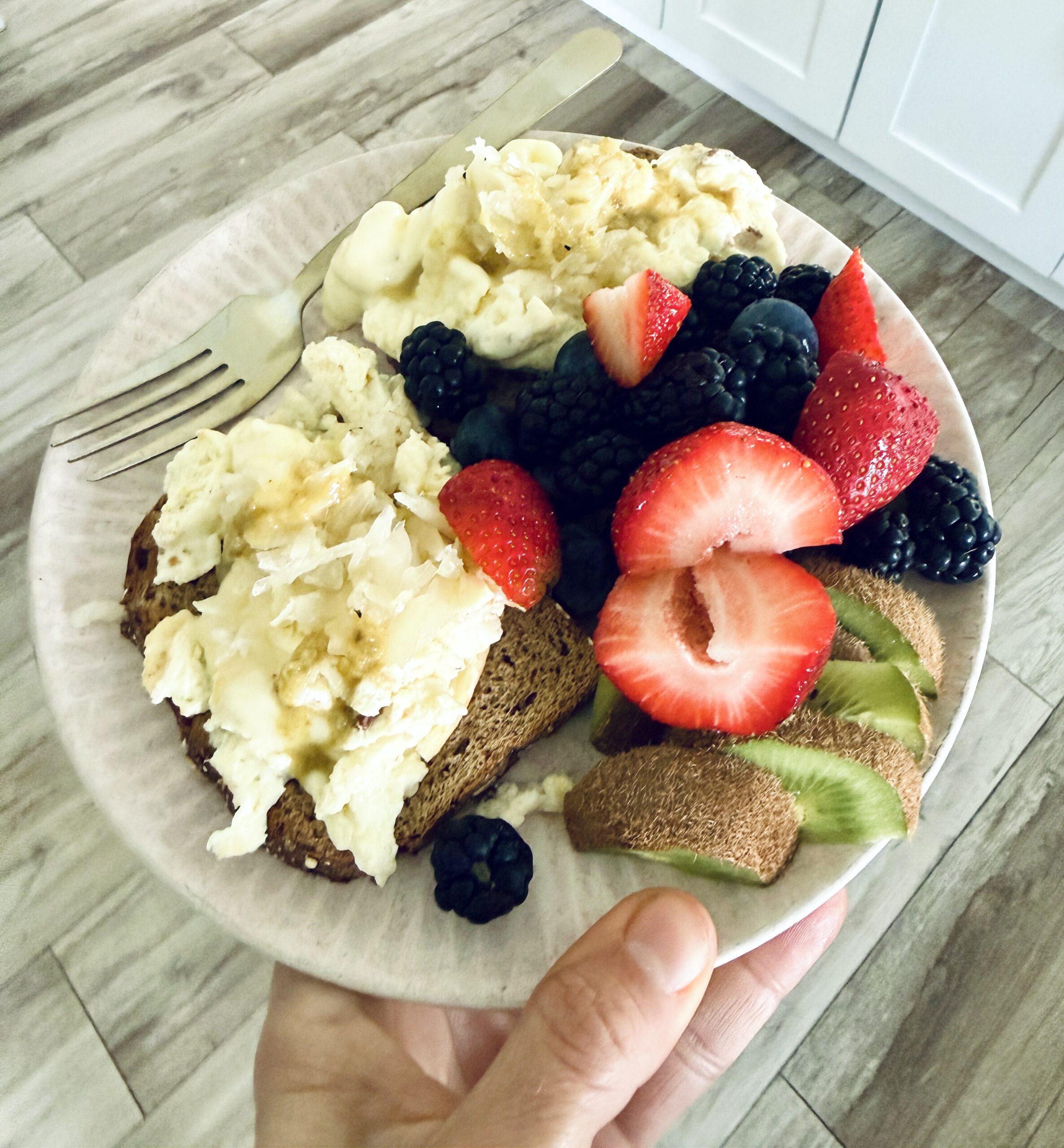 Egg white scramble on toast with fruit
